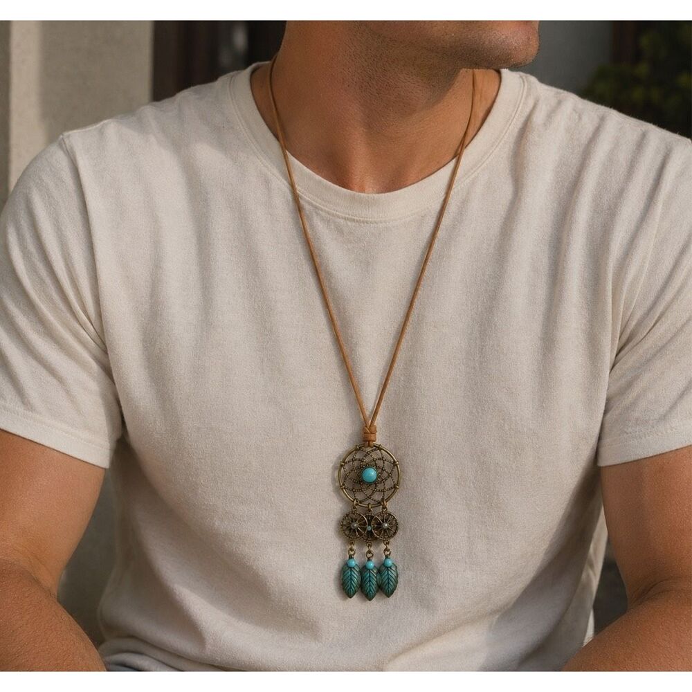 Dreamcatcher Style Pendant Necklace, Bronze Tone Turquoise Accent